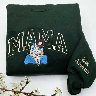 Mama Sweatshirt with Photo, Custom Embroidered Hoodie Mama and Kids Portrait, Varsity Shirt, Family Portrait Hoodie, Christmas Gift For Mom